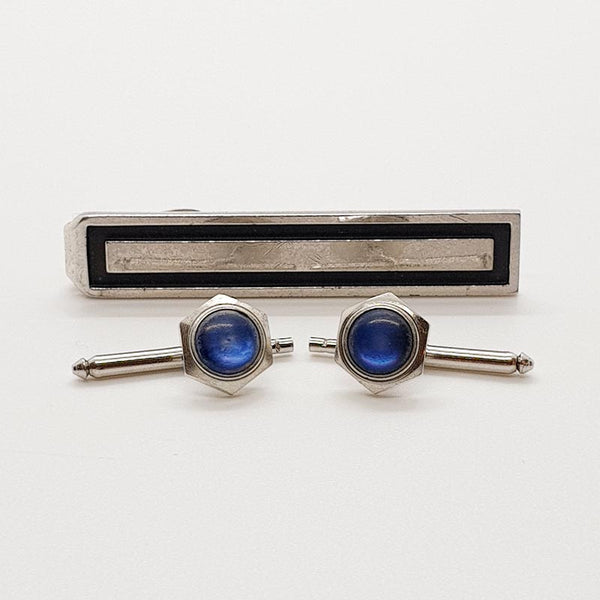 Blau & Silber Manschettenknöpfe für Männer Vintage & Silber-Ton-Krawattenclip