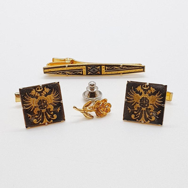 Gold & schwarzer Wappen Manschettenknöpfe Vintage & Gold Rosenkrawatte Clip