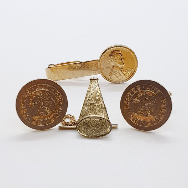 Vintage Gold-Tone-Münzmanschettenknöpfe, Goldmünzenkrawatte und Krawattenstift
