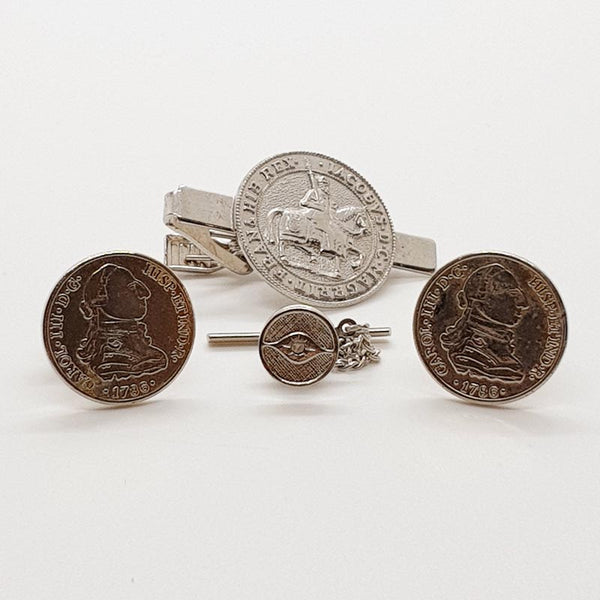 Vintage Silver-tone Coin Cufflinks, Coin Tie Clip & Third-Eye Tie Pin