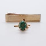 Emerald Green & Gold Cufflinks Vintage, Green Stone Tie Pin & Tie Clip