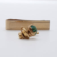 Emerald Green & Gold Manschettenknöpfe Vintage, Green Stone Krawatte und Krawattenclip