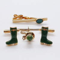 Stivali verdi gemelli oro oro vintage, perno di pietra verde e clip