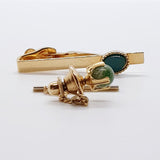 Green Boots Gold-tone Cufflinks Vintage, Green Stone Tie Pin & Clip
