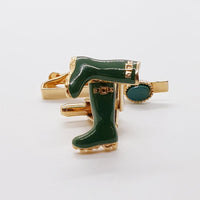 Stivali verdi gemelli oro oro vintage, perno di pietra verde e clip