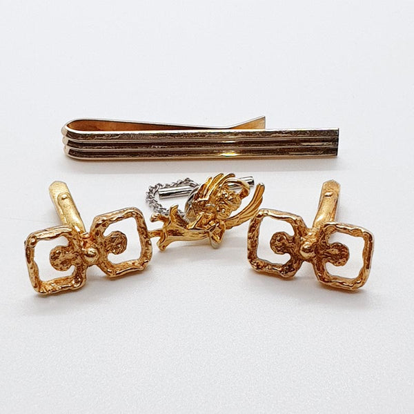 Retro Gold-tone Cufflinks, Rectangular Tie Clip & Angel Tie Tack Pin