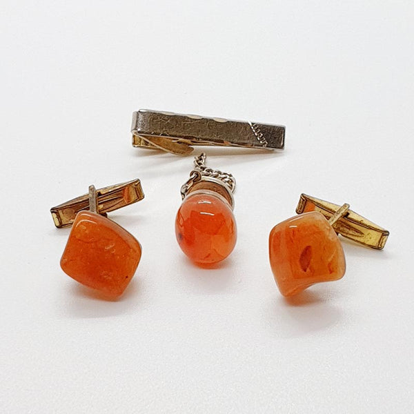 Orange Crystal Cufflinks Vintage, Gold-tone Tie Clip & Orange Tie Pin