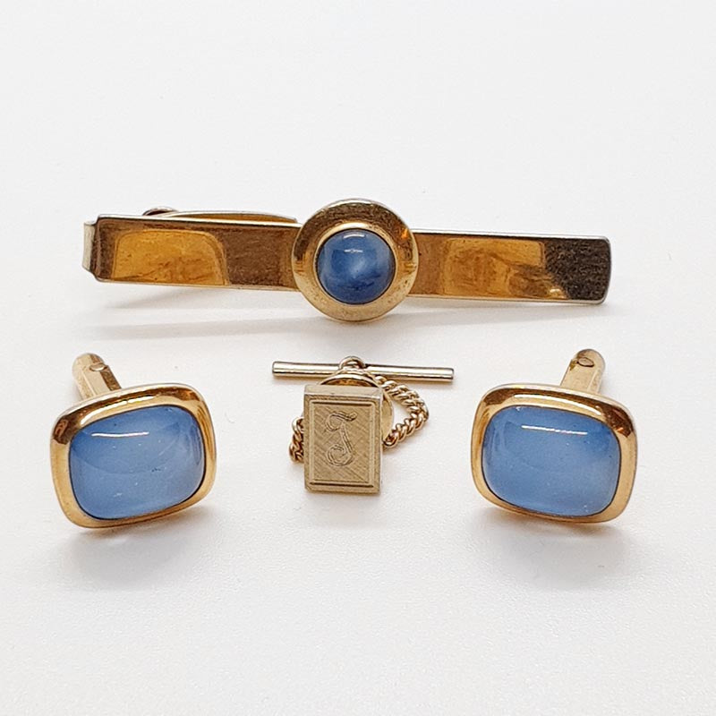 Pale Blue Crystal Cufflinks Vintage, Blue-Stone Tie Clip & Tie Pin ...