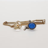 Blue & Gold Cufflinks Vintage, Blue Crystal Tie Pin & Tie Clip