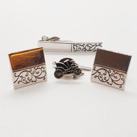 Silver-tone Floral Cufflinks & Tie Clip, Vintage Car Tie Pin