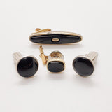 Vintage Runde schwarze Manschettenknöpfe, schwarzer Krawattenclip & Tie Tack Pin