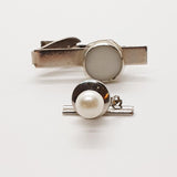White & Silver Round Cufflinks, Tie Clip & White Pearl Tie Pin Vintage