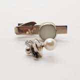 White & Silver Round Cufflinks, Tie Clip & White Pearl Tie Pin Vintage