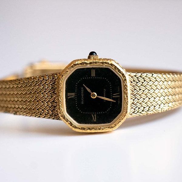 Cuarzo de bucherer vintage reloj para mujeres dial negro | Hecho en Suiza reloj