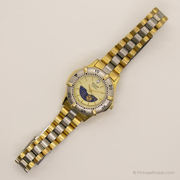 Vintage Waltham Phase de lune montre | Montre-bracelet en acier inoxydable bicolore
