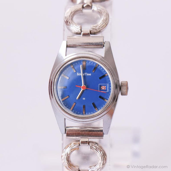 Vintage de la década de 1970 Seiko Tiempo de escuela Dial azul de acero inoxidable reloj para ella