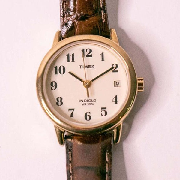 Antiguo Timex Fecha indiglo reloj para mujeres marrones reloj Correa