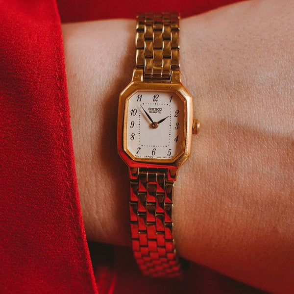 Vintage Gold-Ton Seiko V400-5606 RO rechteckig Uhr für Frauen