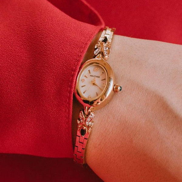 Gold-tone Waltham Ladies Dress Watch with White & Blue Gemstones Gold-tone Waltham Ladies Dress Watch with White & Blue Gemstones
