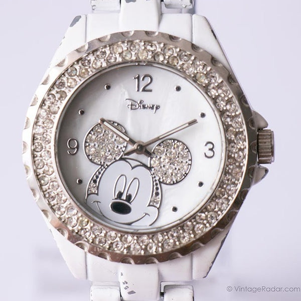 Dial blanco de accutime Mickey Mouse Disney Estilo de diamante reloj