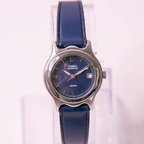 Damas dial azul Timex Indiglo WR 30m reloj Correa de cuero azul
