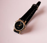 Vintage Diamond Quartz Watch for Women with Textured Black Leather Strap