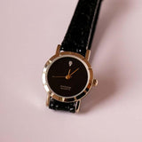 Vintage Diamond Quartz Watch for Women with Textured Black Leather Strap