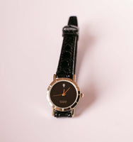 Cuarzo de diamante vintage reloj para mujeres con correa de cuero negro texturizado
