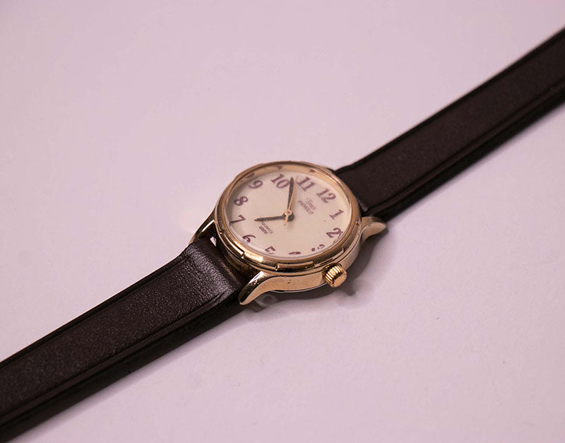 Vintage Gold-tone Timex Indiglo Quartz Watch | Brown Leather Strap ...