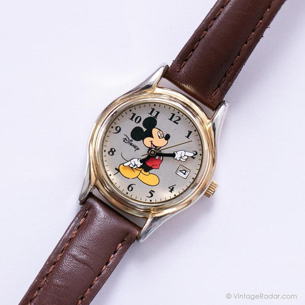 Pequeño tono de oro Mickey Mouse Fecha reloj | Vintage de los 90 Seiko Disney reloj