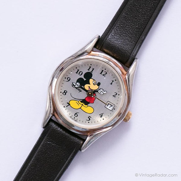 Vintage Silver-tone Mickey Mouse Date Watch 90s Disney Watch by