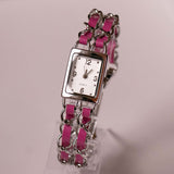 Silver-tone Rectangular Quartz Watch for Women with Pink Strap Details