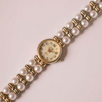 Gold-tone Vintage Eko Quartz Watch with Unique Pearl Watch Bracelet