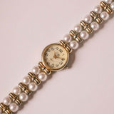 Gold-tone Vintage Eko Quartz Watch with Unique Pearl Watch Bracelet