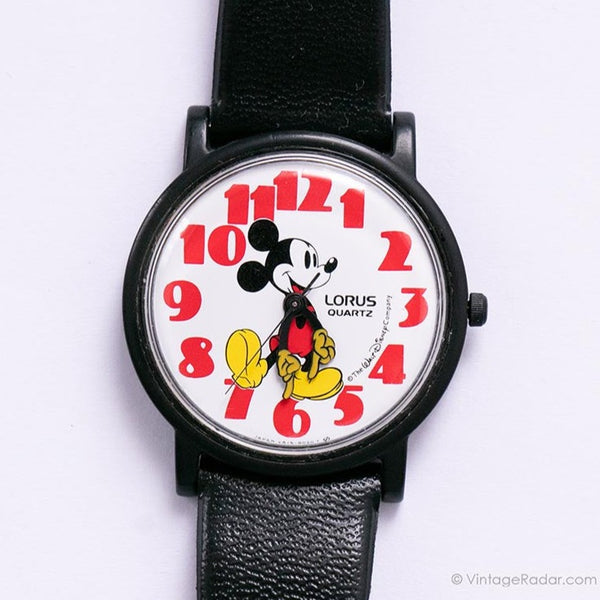 Vintage Black Mickey Mouse Lorus V515-8030 Z0 Watch with Red Numerals