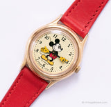 نغمة ذهبية خمر Mickey Mouse Lorus ساعة V515-6080 A1 مع حزام أحمر