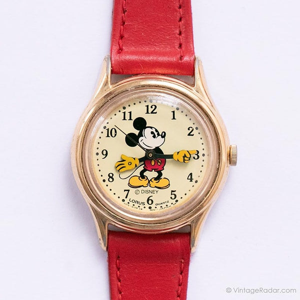 Tono de oro vintage Mickey Mouse Lorus V515-6080 A1 reloj con correa roja