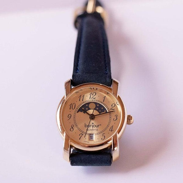 Quartz de la phase de lune vintage montre | Montre-bracelet pour dames en or