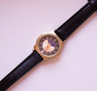 Vintage Gold-tone Moonphase Watch | Black Dial Women's Quartz Watch