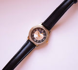 Vintage Black-Dial Gold-tone Moon Phase Quartz Watch for Women