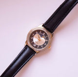Vintage Black-Dial Gold-tone Moon Phase Quartz Watch for Women