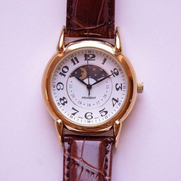 Vintage Gold-tone Peugeot Moonphase Quartz Watch Japan Movement