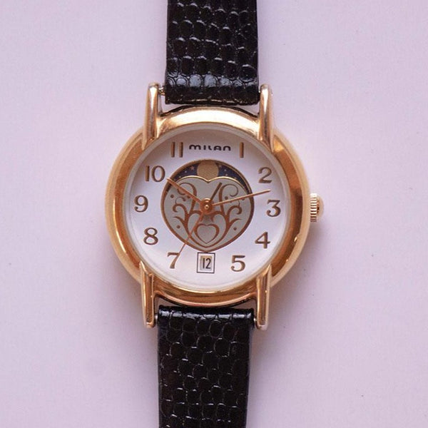 Seltene Vintage Milan Moonphase Uhr für Frauen mit schwarzem Armband
