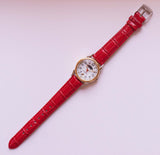 Vintage Gold-tone Moonphase Women's Watch with Red Leather Bracelet