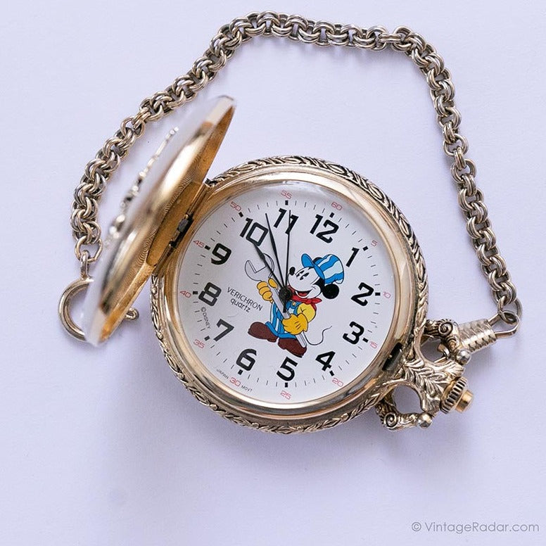 90s Rare Railroad Conductor Mickey Mouse Verichron Pocket Watch Vintage Radar