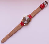 Vintage Gold-tone Moonphase Women's Watch with Red Leather Bracelet