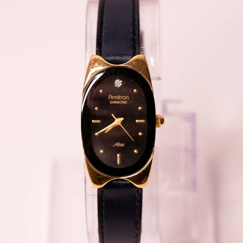 Black and Gold Armitron Diamond Now Watch for Women Dark Blue Strap Vintage Radar