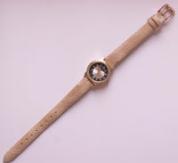 Vintage Gold-Tone Black Dial Moonphase Frauen Uhr mit rosa Riemen