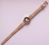 Vintage Gold-tone Black Dial Moonphase Women's Watch with Pink Strap