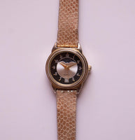 Vintage Gold-tone Black Dial Moonphase Women's Watch with Pink Strap